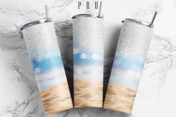 20oz Skinny Tumbler Beach Silver Glitter